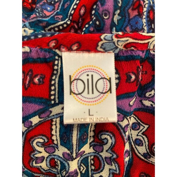 Bila Red Blue Paisley Boho Peasant Lacey Size Large Colorful Sheer Casual Top - Picture 10 of 12